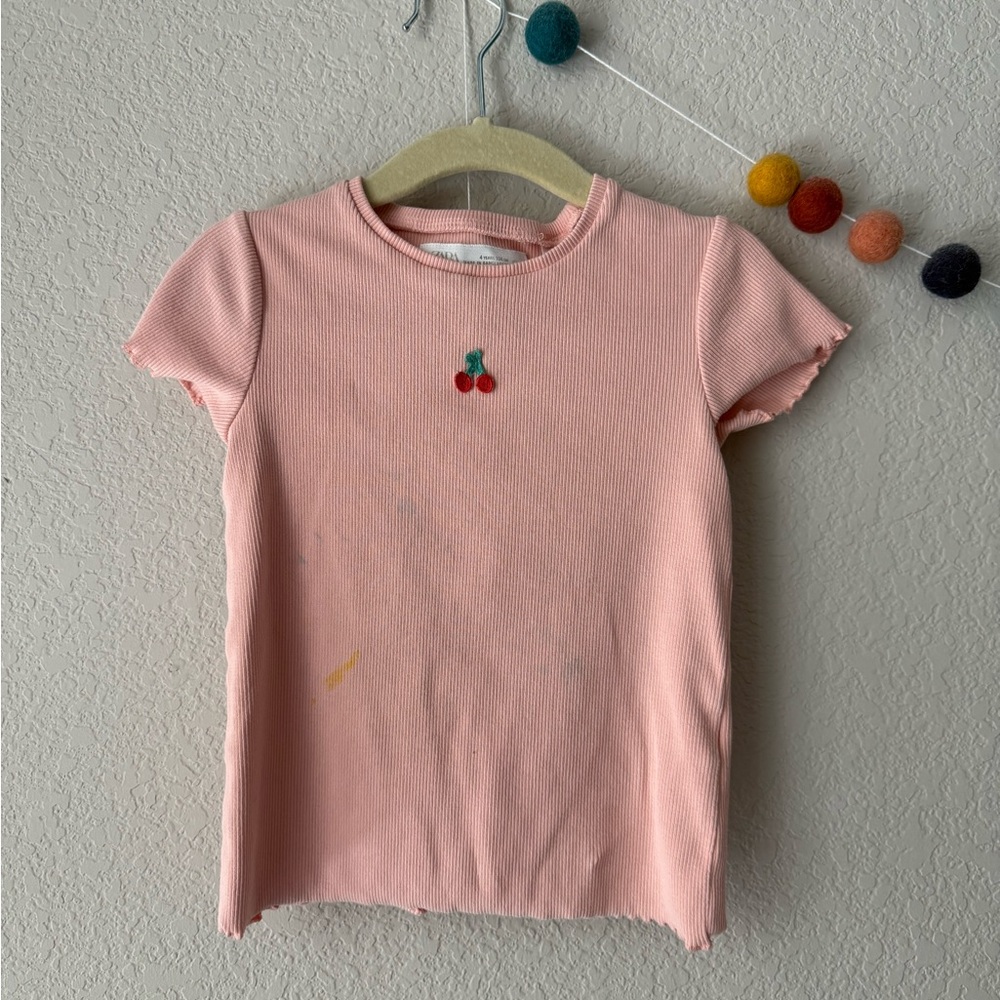 Zara pink ribbed cherry t-shirt